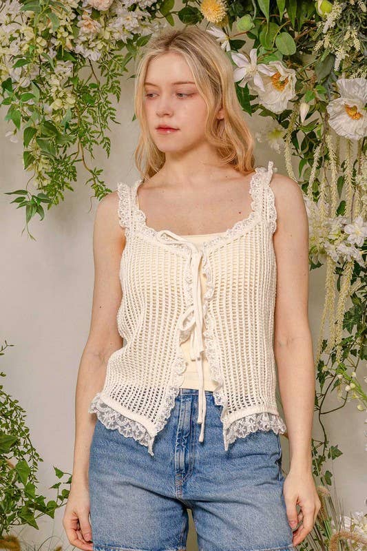 White Lace Trim Sleeveless Knit Vest