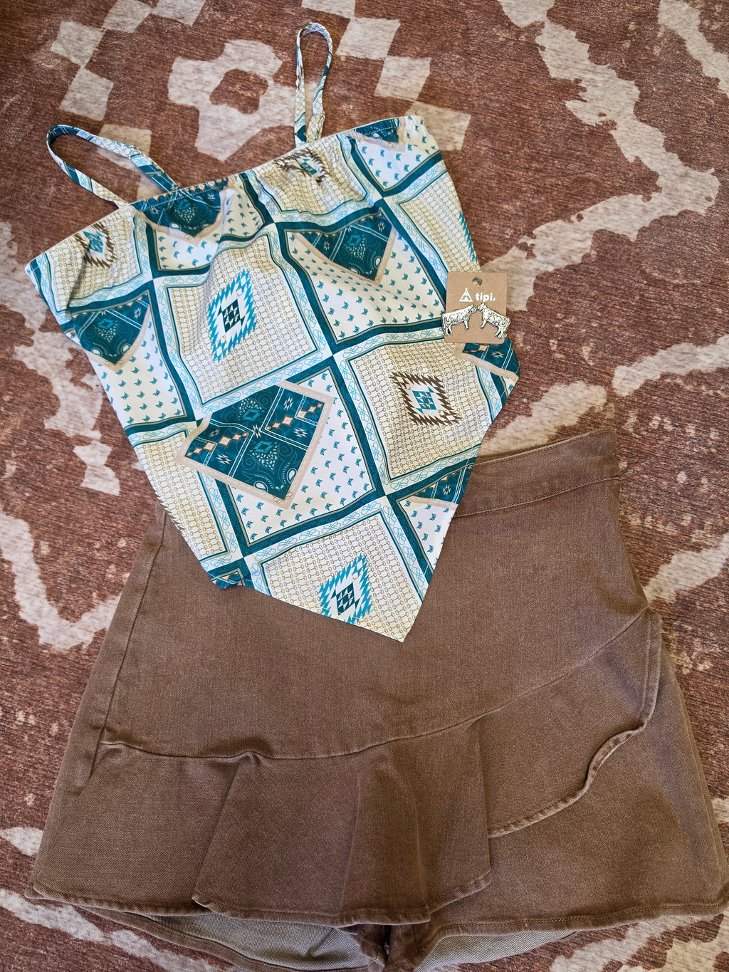 Taupe Ruffle Denim Stretch Skort