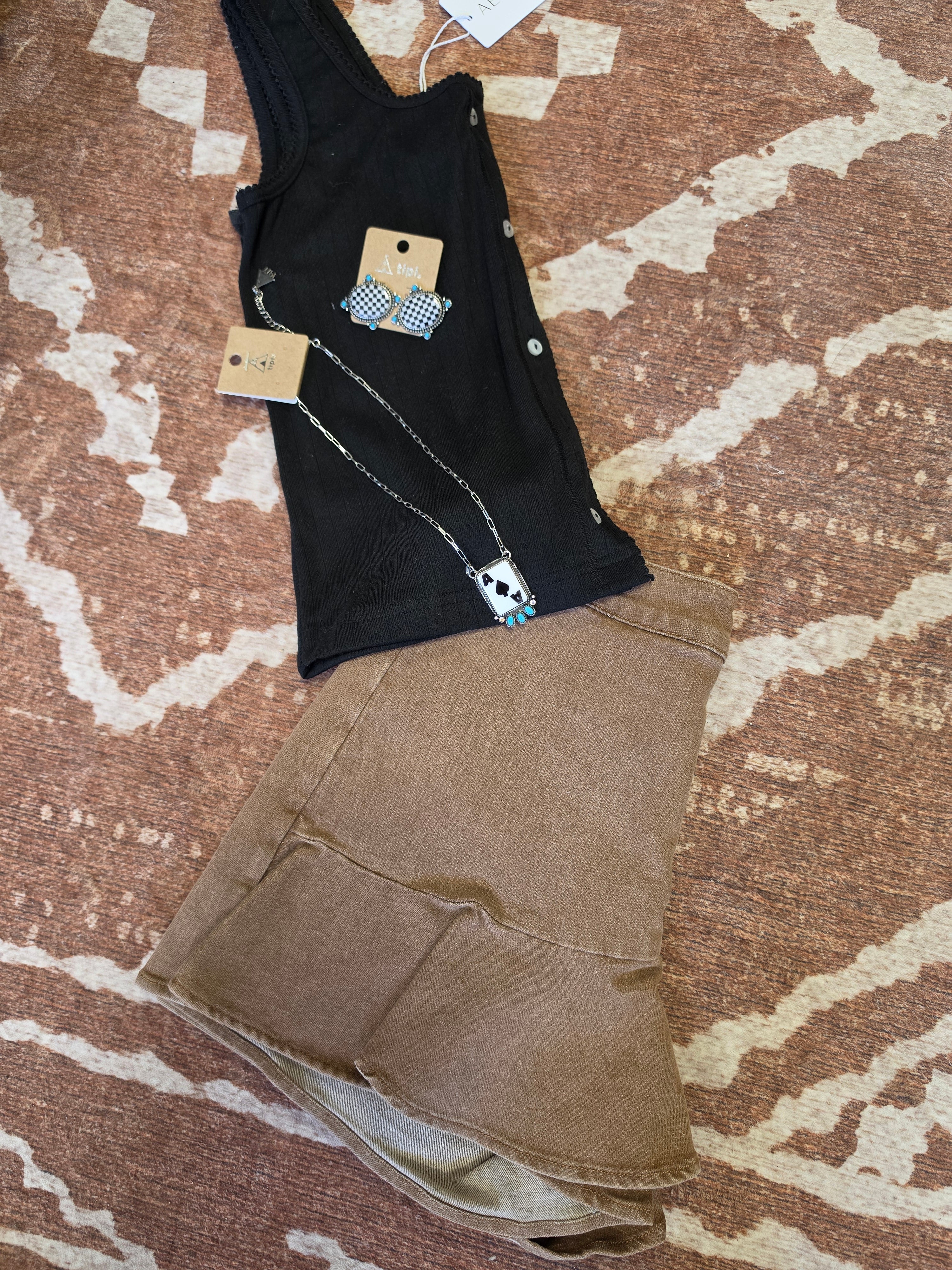 Taupe Ruffle Denim Stretch Skort