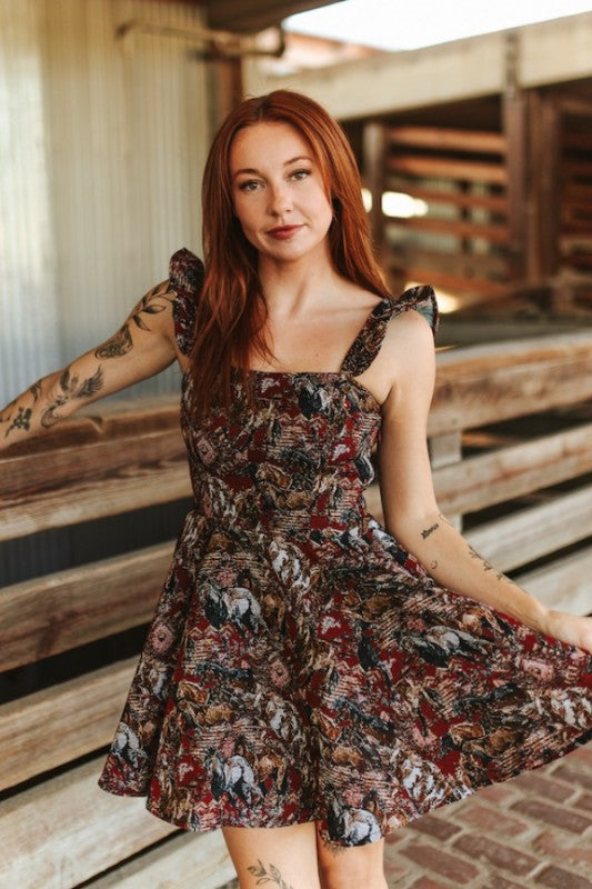 Red Jacquard Horse Flutter Dress