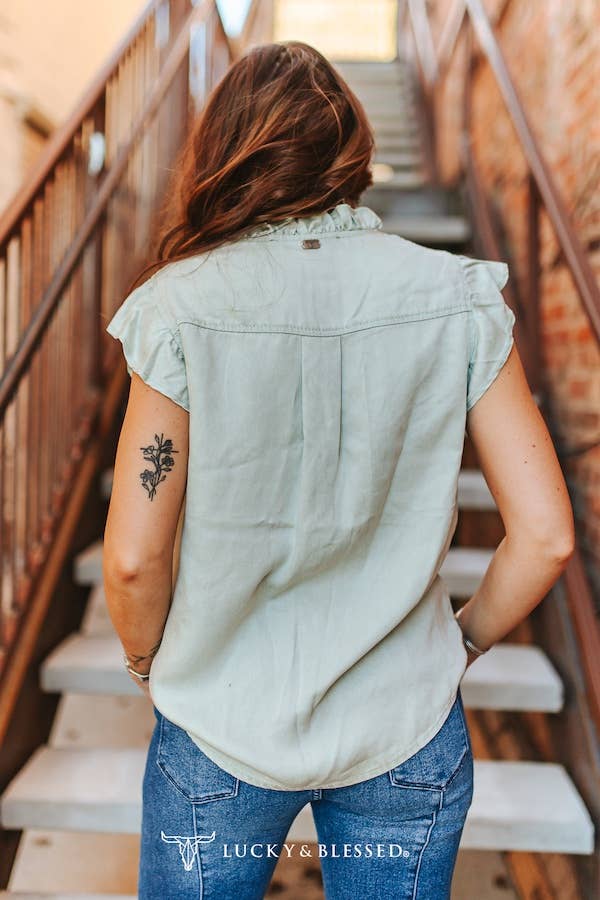 Mint Button Down Ruffle Top