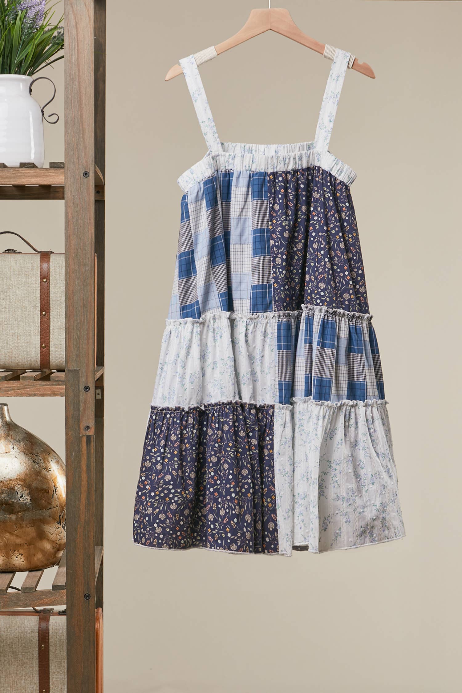 Patchwork Check Floral Tiered Dress
