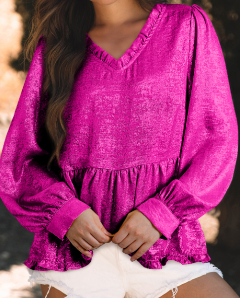 Gold Metallic Frilled V Neck Puff Sleeve Babydoll Blouse