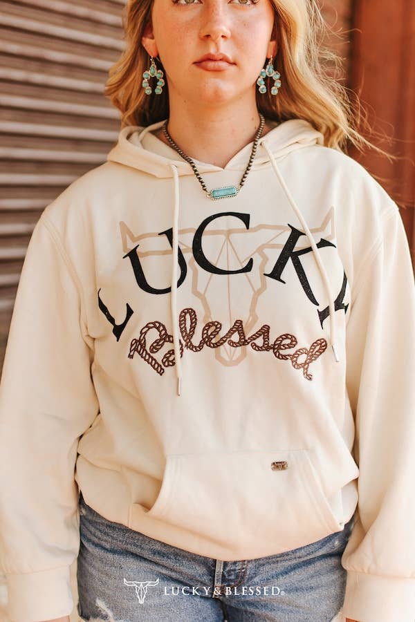 Cream Lucky & Blessed Printed Drawstring Hoodie
