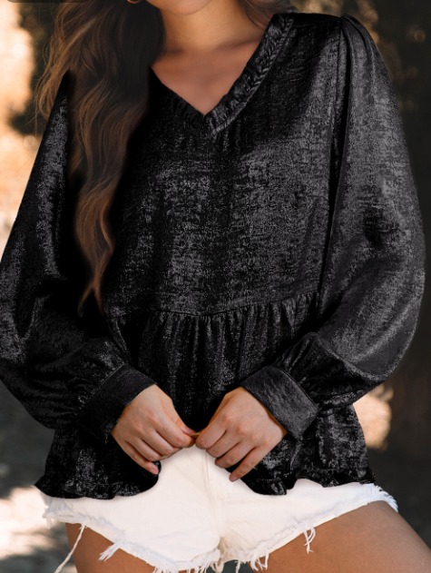 Gold Metallic Frilled V Neck Puff Sleeve Babydoll Blouse