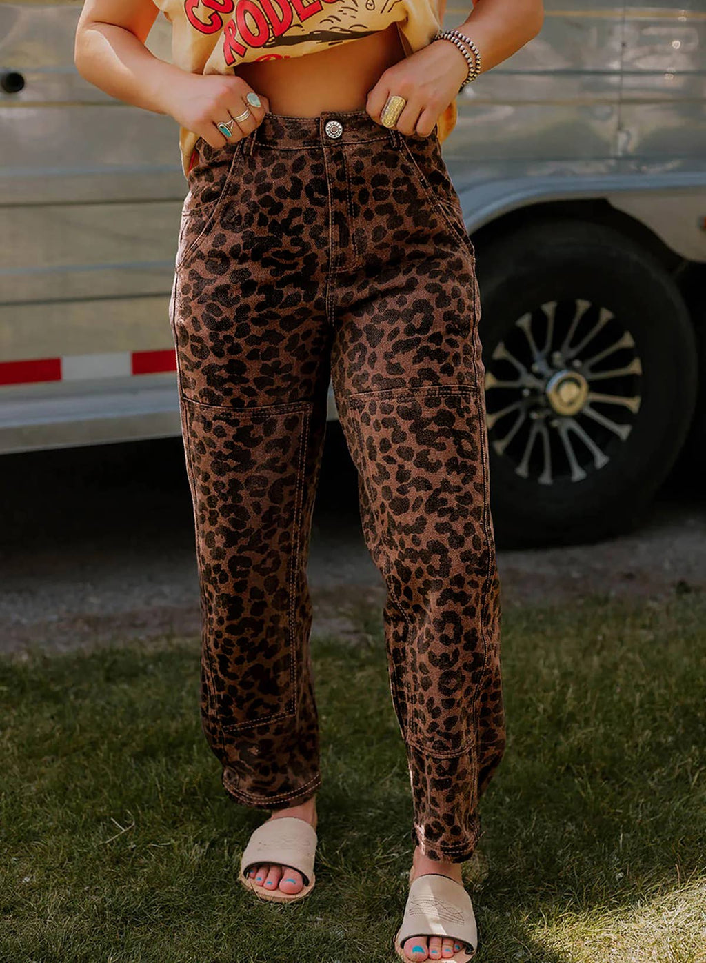 Western Clear Seam Detail Patchwork Leopard Print Jeans