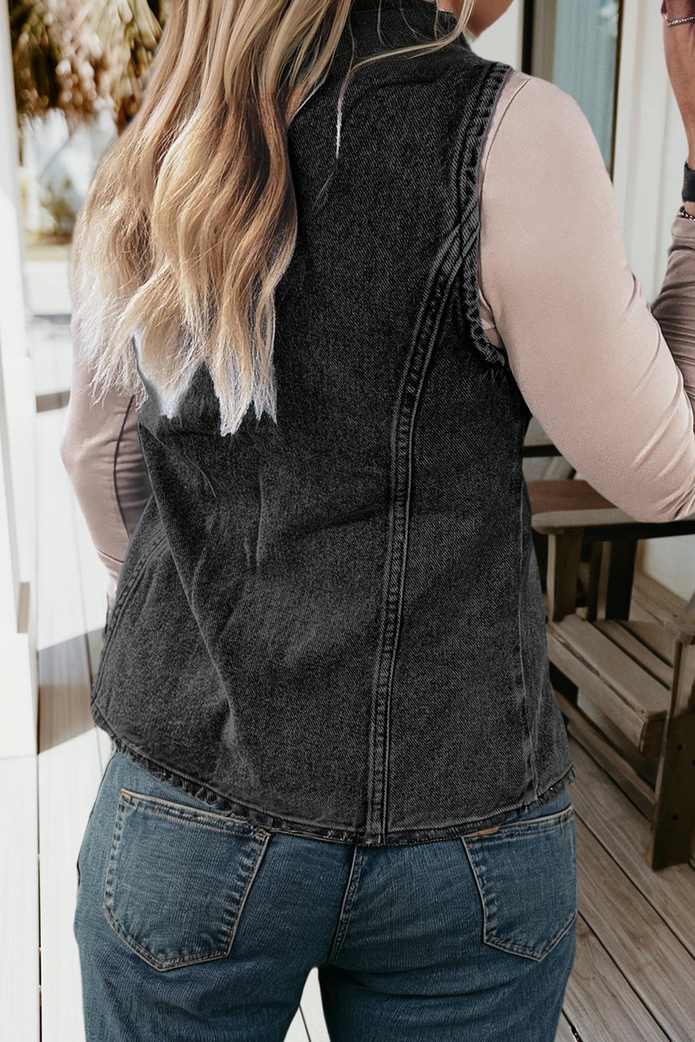 Buttoned Front Slit Denim Vest