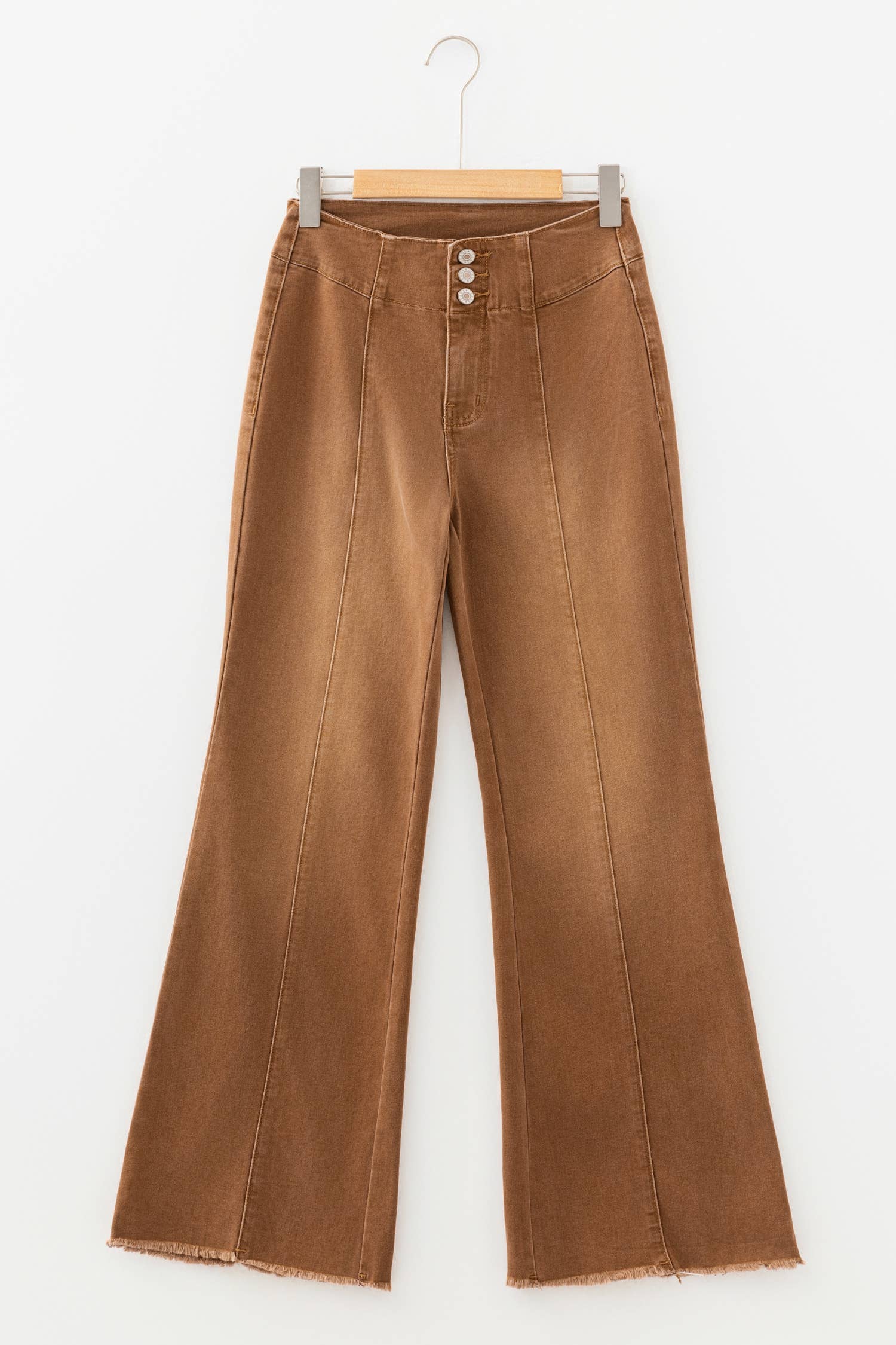 High Waist Button Fly Seamed Raw Hem Flare Jeans