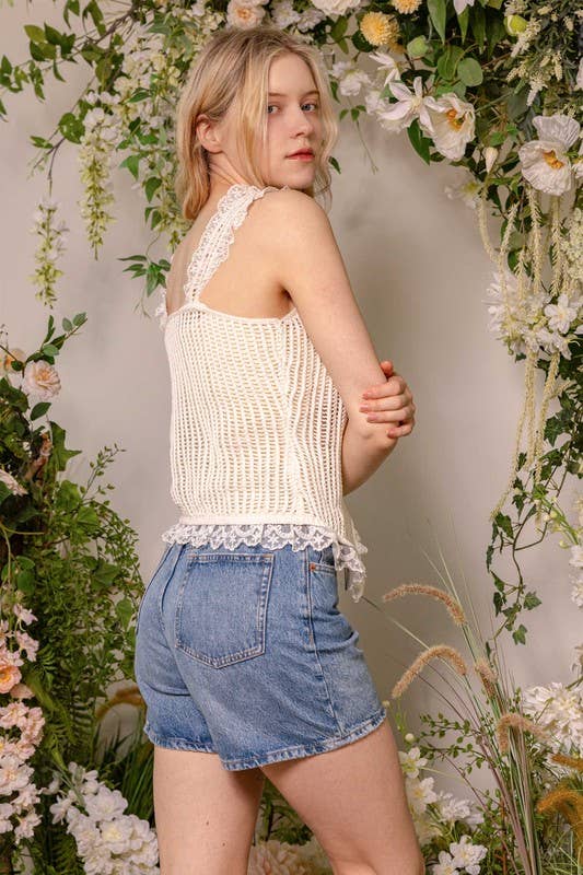 White Lace Trim Sleeveless Knit Vest