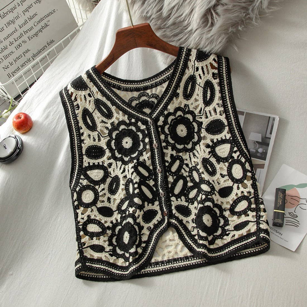 Black and White Floral Hollow Knit Vest