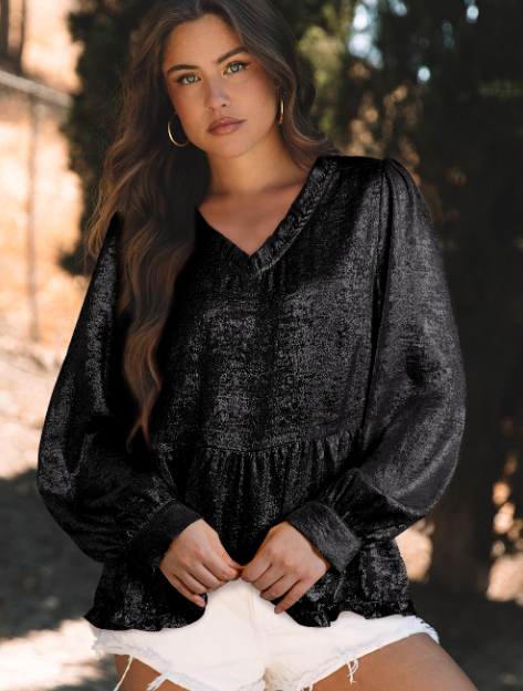 Gold Metallic Frilled V Neck Puff Sleeve Babydoll Blouse