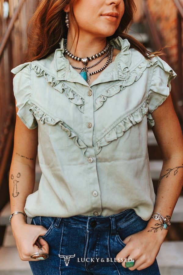 Mint Button Down Ruffle Top