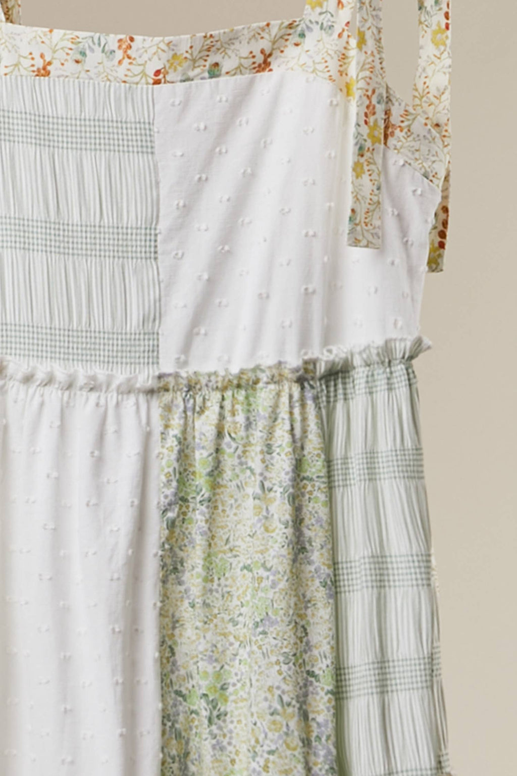 Patchwork Tie-Shoulder Tiered Maxi Dress