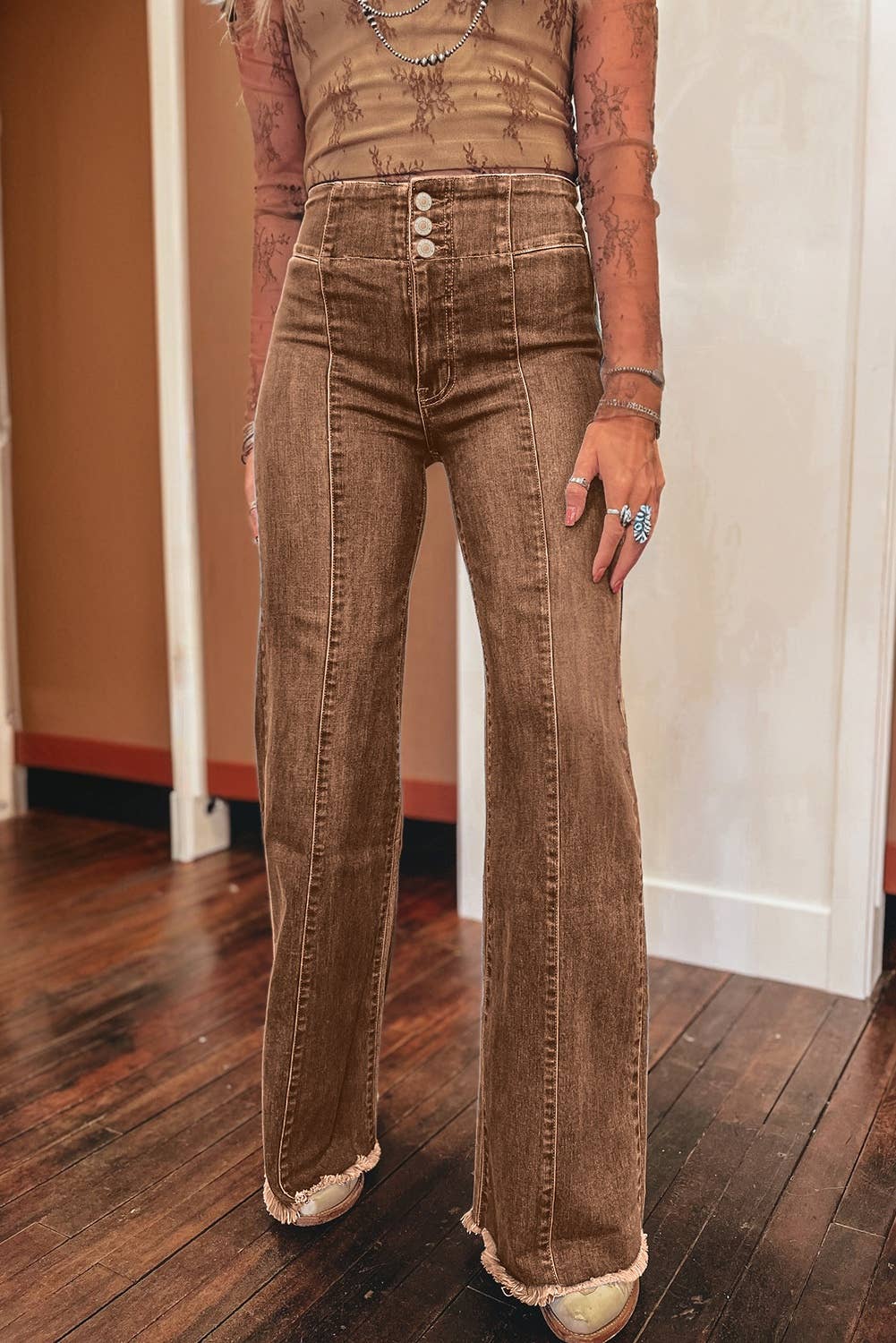 High Waist Button Fly Seamed Raw Hem Flare Jeans