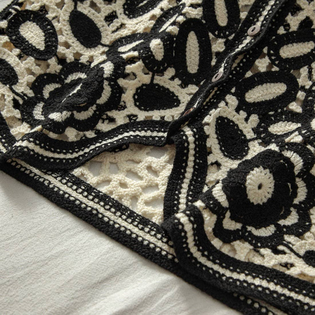 Black and White Floral Hollow Knit Vest