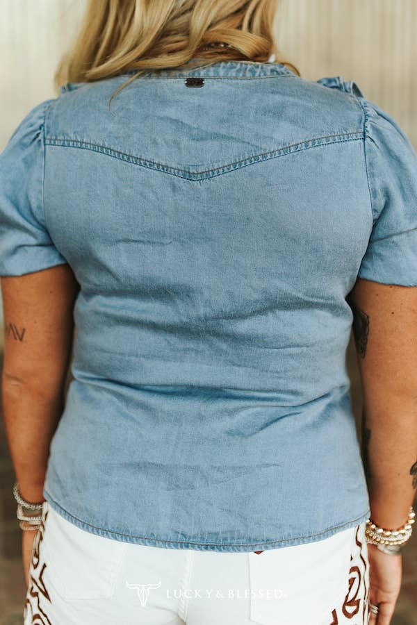 Light Wash Button Down Short Sleeve Ruffle Top