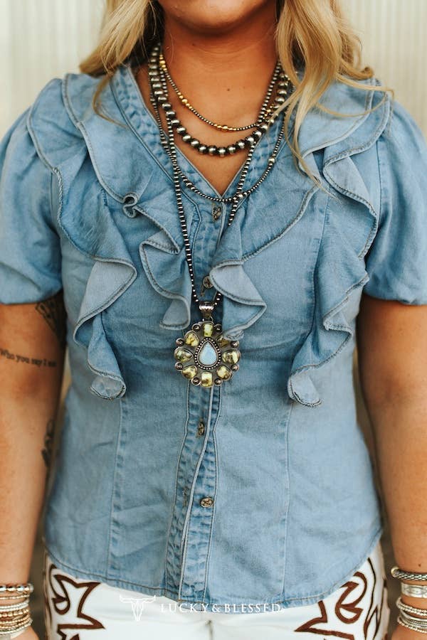 Light Wash Button Down Short Sleeve Ruffle Top