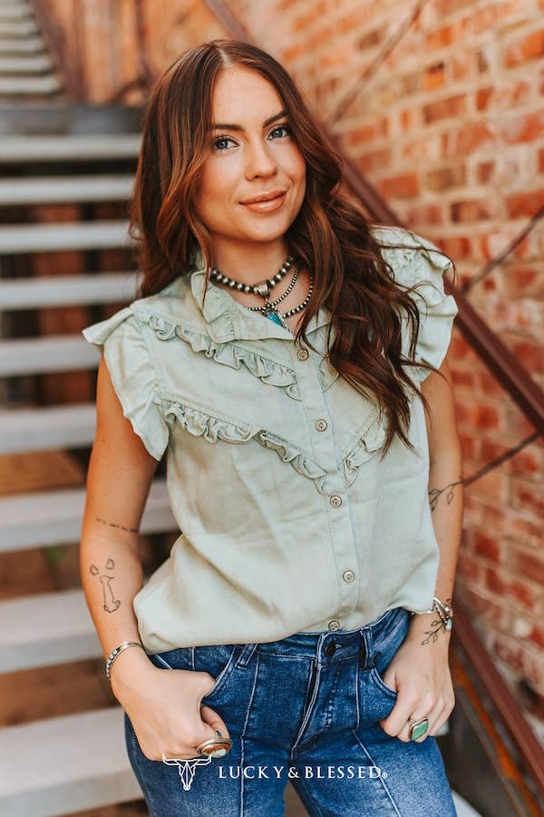 Mint Button Down Ruffle Top