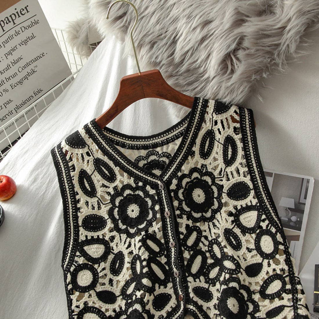 Black and White Floral Hollow Knit Vest