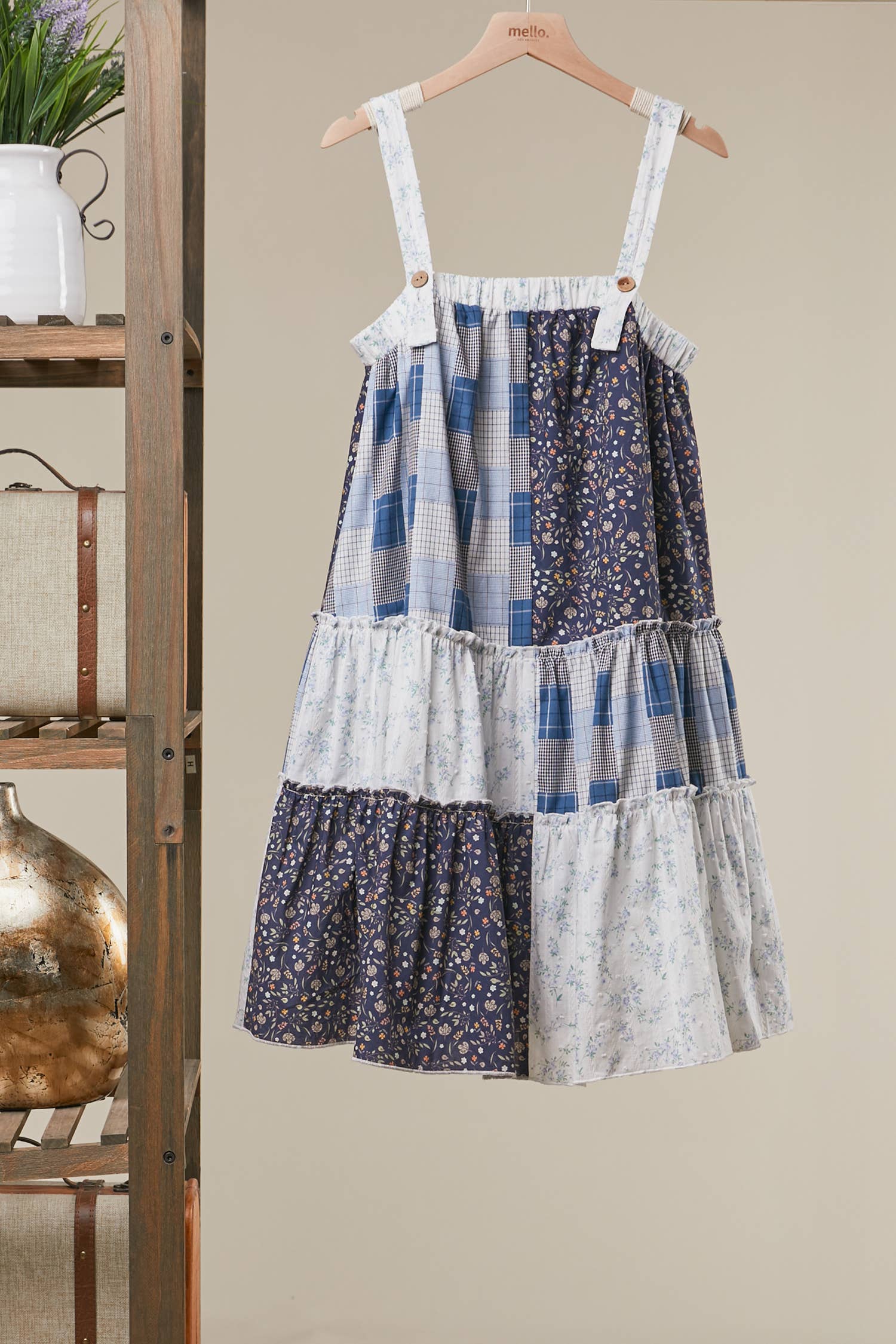 Patchwork Check Floral Tiered Dress