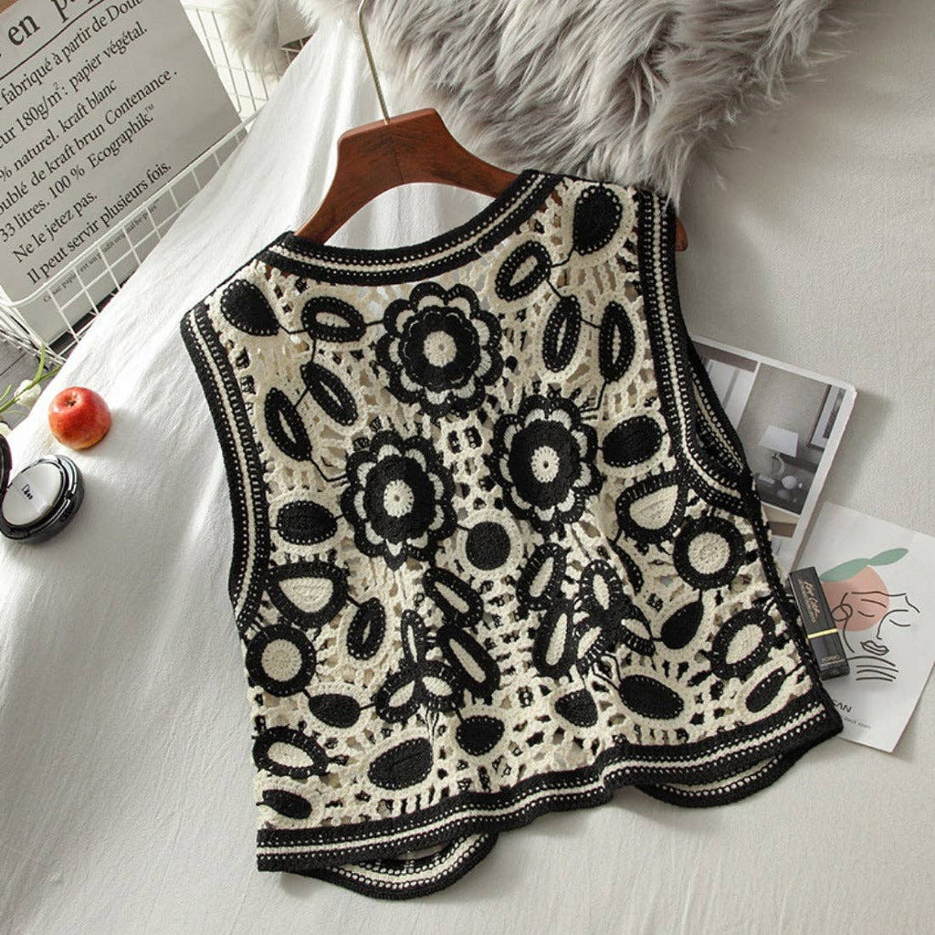 Black and White Floral Hollow Knit Vest