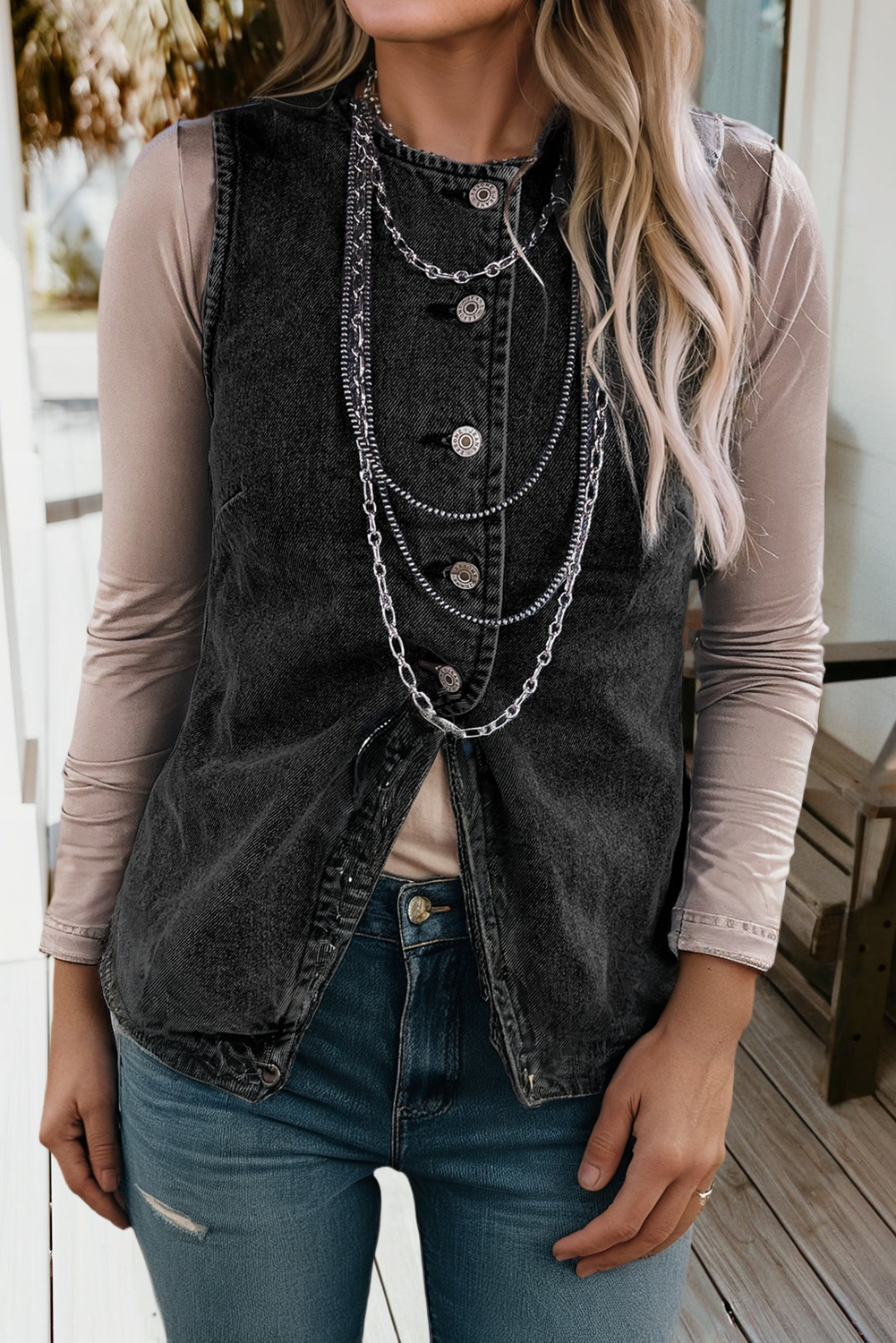 Buttoned Front Slit Denim Vest