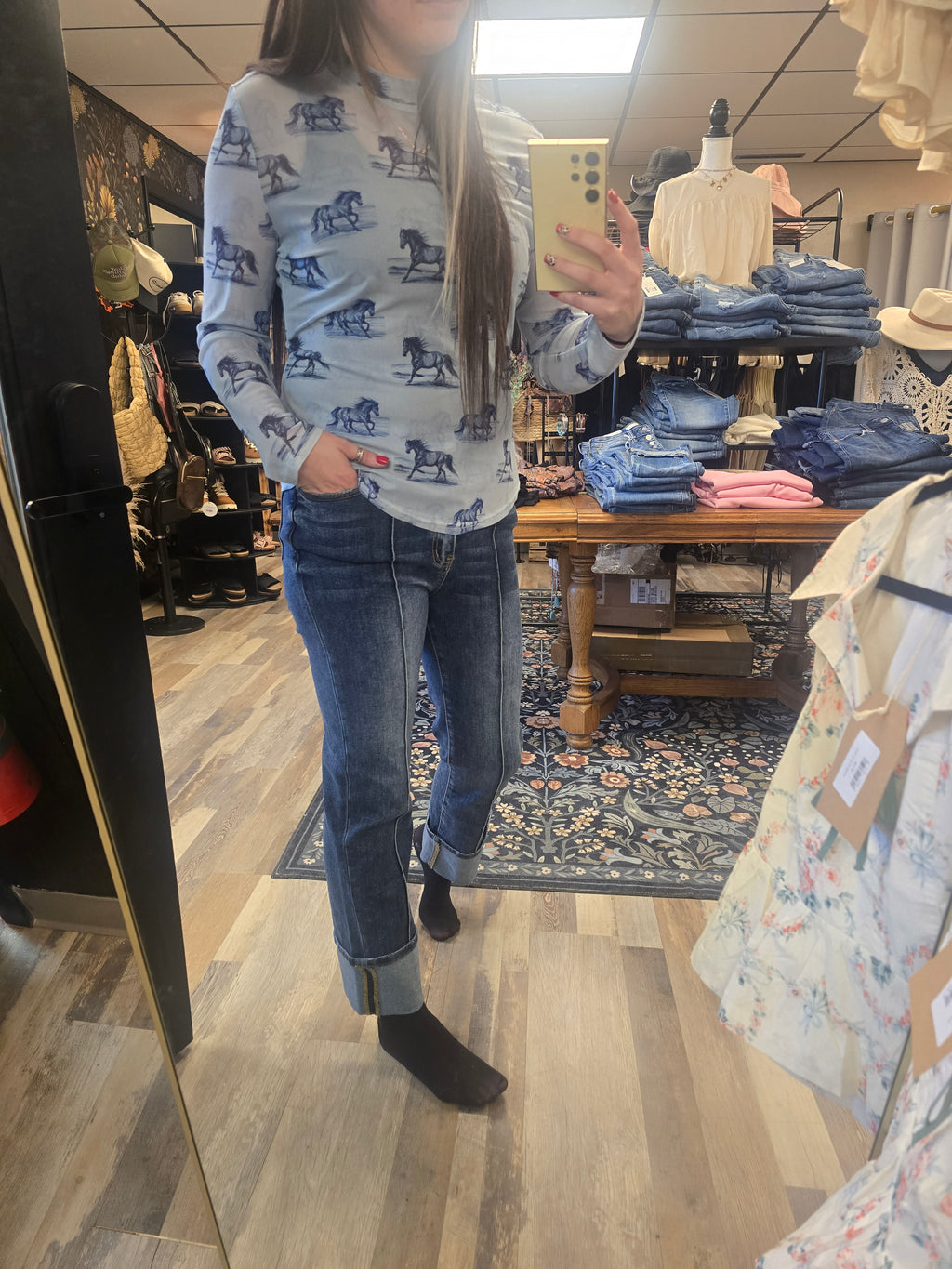 Light Blue Horse Printed Long Sleeve Mesh Top