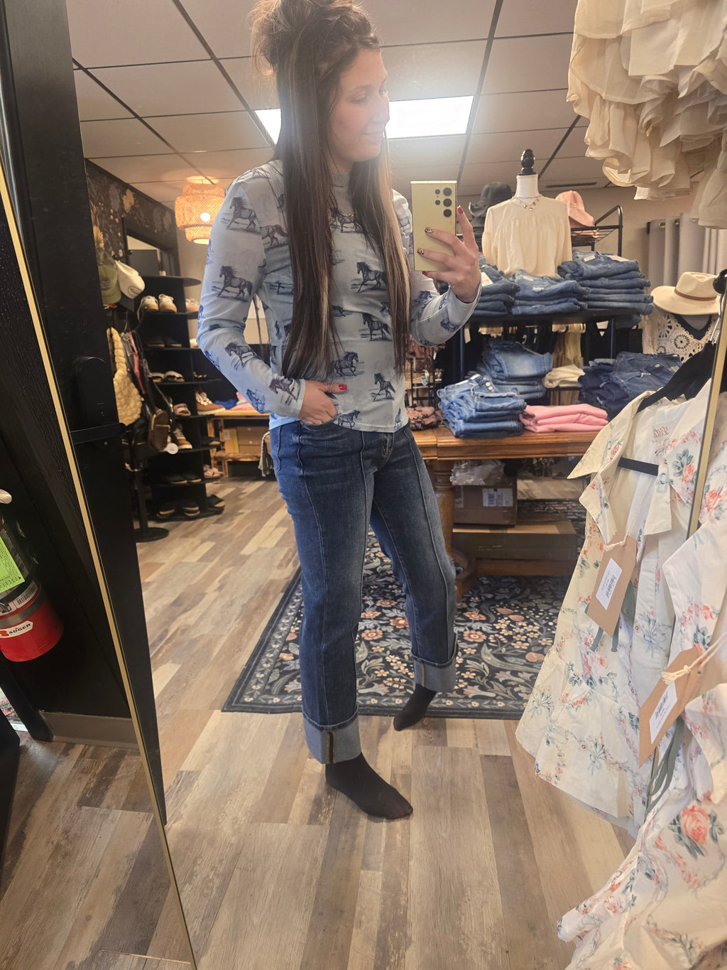 Light Blue Horse Printed Long Sleeve Mesh Top