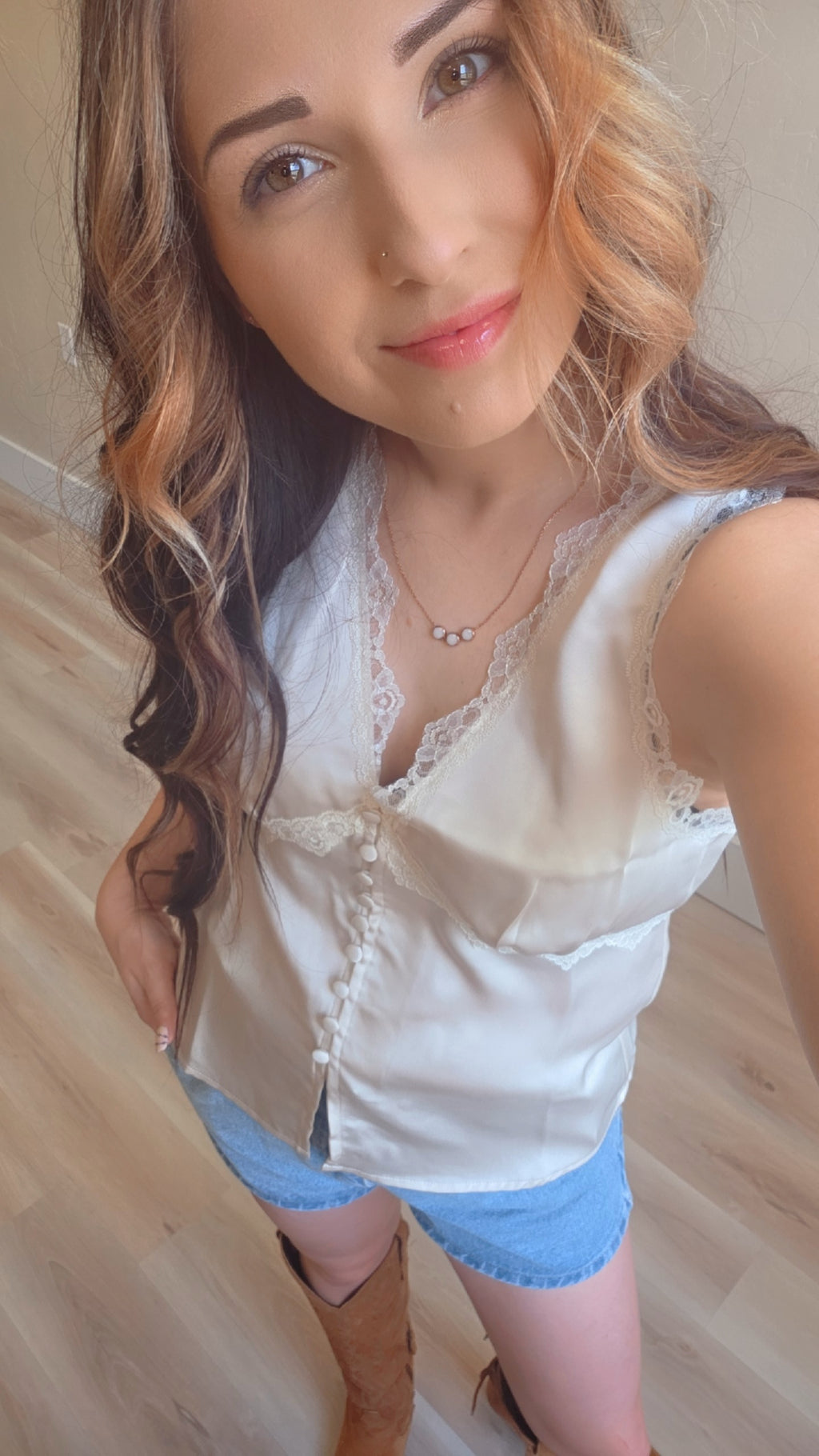 Button Down Satin Lace Tank
