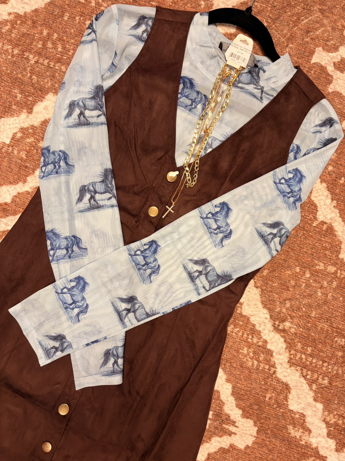Light Blue Horse Printed Long Sleeve Mesh Top
